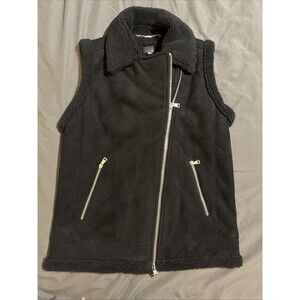 Lauren Ralph Lauren LRL Women Black Faux Shearling Moto Vest Asymmetrical Sz Med